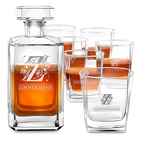 Maverton Whiskey Karaffe + 2/4 / 6er Whiskygläser Set mit Gravur - 700ml Whisky Dekanter - Geschenk zum Geburtstag für Damen - Buchstabe