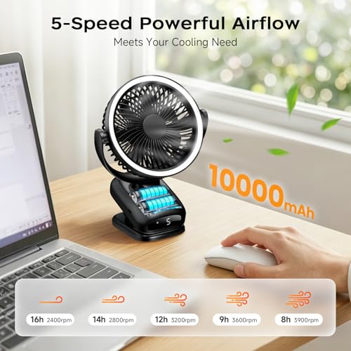 WUQNGI Mini Portable Fan, 10000 mAh Silent Table Fan, USB Powerful Desk Fan with Clamp and Timer, Oscillating, Rechargeable, LED Lights for Night Camper Stroller Office