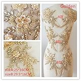 Hand Beaded Flower Sequence 3D Lace Applique Motif Sold by 3 Pairs Great for DIY Decorated Craft Sewing Costume Evening Bridal Top A6 (Gold)