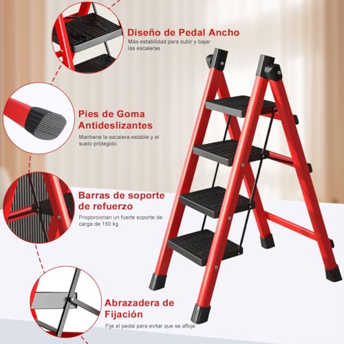 ADILIKADII Escalera Plegable de Acero，Escalera 4 Peldaños Doméstica Portátil con Pedal Ancho Antideslizante, Escalera Tubular Escalera de Tijera Tipo de Interior Exterior Hogar Oficina Cocina Garaje
