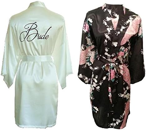 FETE FABULOUS Set of 2 Satin Kimono Dressing Gowns/Robes- 1 Ivory Embroidered "BRIDE" & 1 Peacock Design, Wedding Gift/Favour for Bride & Bridesmaid