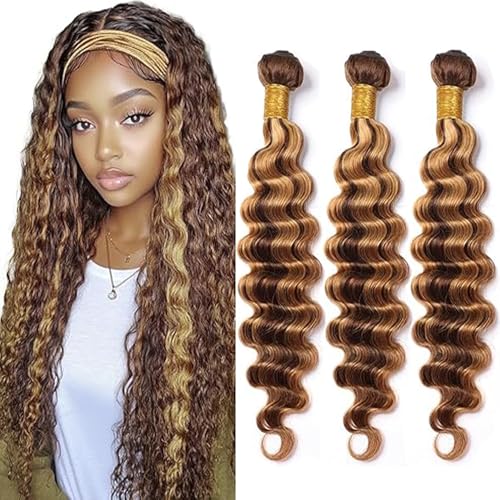 Tuheerst 32 32 32 Inch Deep Wave Human Hair Bundles P427 Highlight Brown Menschliches Haar Human Hair Extensions Unprocessed Echthaar Tressen Double Weft Remy Hair for Woman