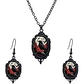 MarveBard Gothic Raven Necklace Earring Set for Women Vintage Raven Cameo Pendant Necklace Dark Style Crystal Glass Crow Drop Dangle Earring Mystic Halloween Party Jewelry