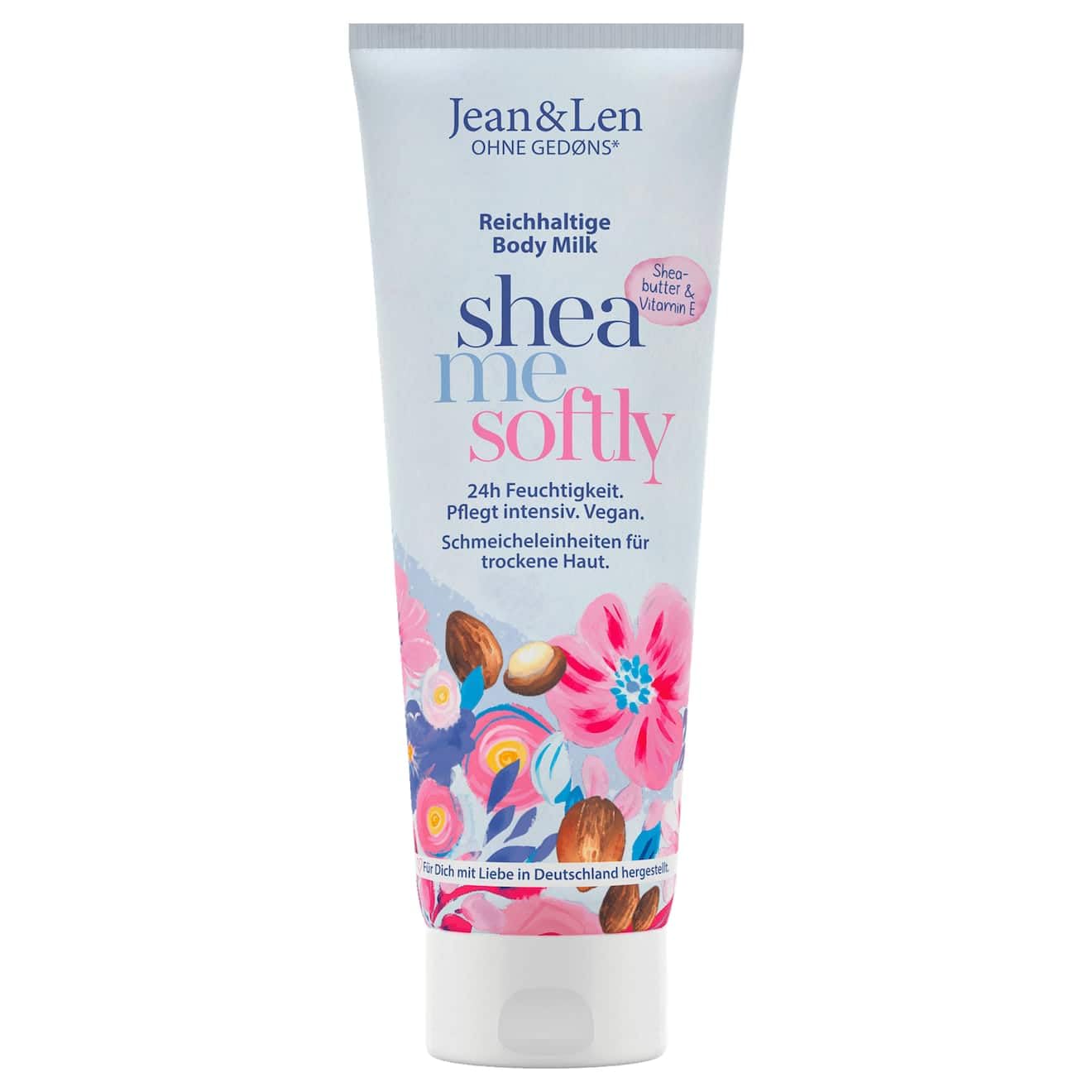 Jean & Len Rich body milk with shea butter, for dry skin, intensively nourishes dry skin and is skin-friendly, without parabens silicone, mineral oil and microplastic, vegan, 250 ml