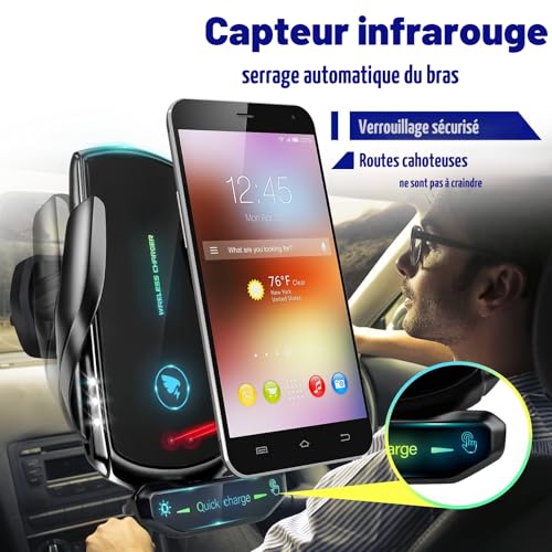 15W Qi Car Induction Charger,Wireless Car Charger Fast Automatic Clamping Door Air Outlet Clip Car Mount for iPhone Samsung…