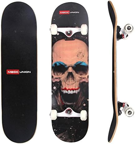 Cozylifeunion 31x8 inch Pro Complete Skateboard Drop-In 7 layer Maple Deck Double Kick Concave Skate Board (Skull)