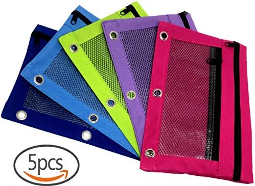 Pencil Pouch with 2 Pockets, Fits 3 Ring Binder Zippered Pocket, Clear Transparent Mesh Window, Pencil Pen Holder Case Canvas Fabric Bag, in 5 Cool Colors for Boys Girls and Kids (5-Pack)