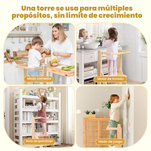 Folding Learning Tower, Observation Tower for 1-5 Year Old, Montessori Learning, Natural Wood Kitchen Helper, Safe and Easy to Assemble (50kg Capacity)