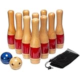 Lawn Bowling Game/Skittle Ball- Indoor and Outdoor Fun for Toddlers, Kids, Adults â€“10 Wooden Pins, 2 Balls, and Mesh Bag Set by Hey! Play! (11 Inch)