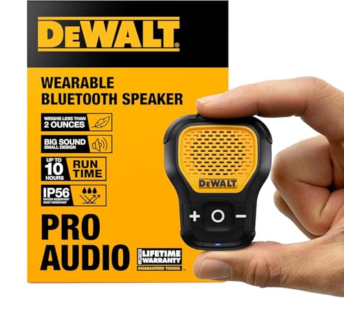 DEWALT Jobsite Pro Wearable Bluetooth Speaker, Mini Portable Wireless Speaker with Clip and Magnets, IP56 Waterproof and Dustproof, Built-in Microphone, Perfect for Construction Site and Outdoor