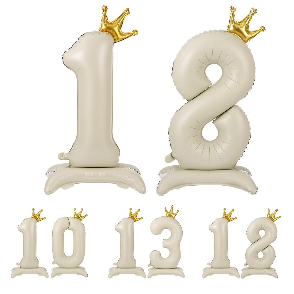 APXEL Off-white Standing Crown Number 18 Balloons, 42 Inch Large Foil Number 1 & 8 Balloons, Self Inflating 18th Birthday Balloon for 18 Year Anniversary Birthday Party Christmas Decorations