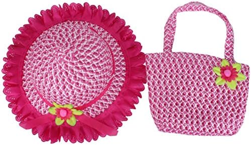 YOPINDO Baby Straw Sun Hat Summer Beach Cap with Handbag Foldable Dress up Hat Purse Set (Hot Pink)