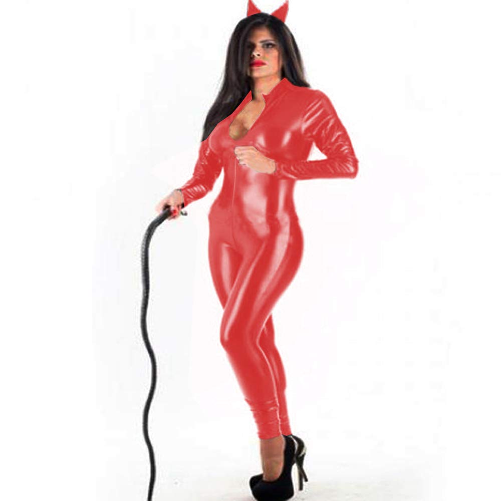 FASHION QUEEN Women's Sexy Leather Jumpsuit Hallowen Costume Cosplay Whip Crotch Zipper