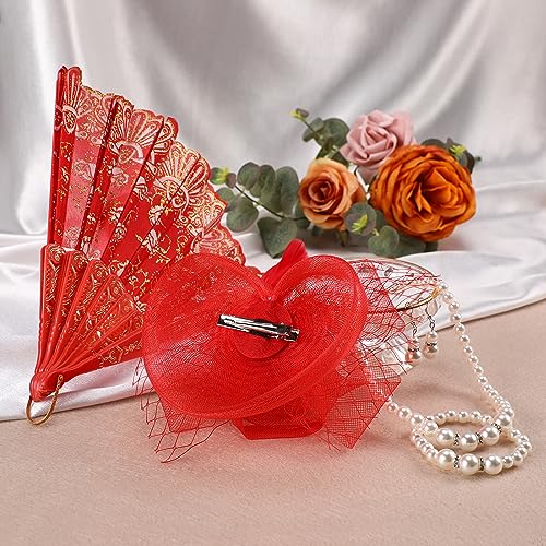 ZinniDay Cute Little Mini Red Fascinator Hats Headband with Pearl Necklace,  Pearl Earring, Folding Fan Sets fo