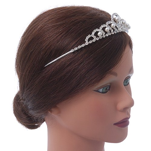Princess Bridal/ Wedding/ Prom Rhodium Plated Austrian Crystal White Simulated Glass Pearl Tiara