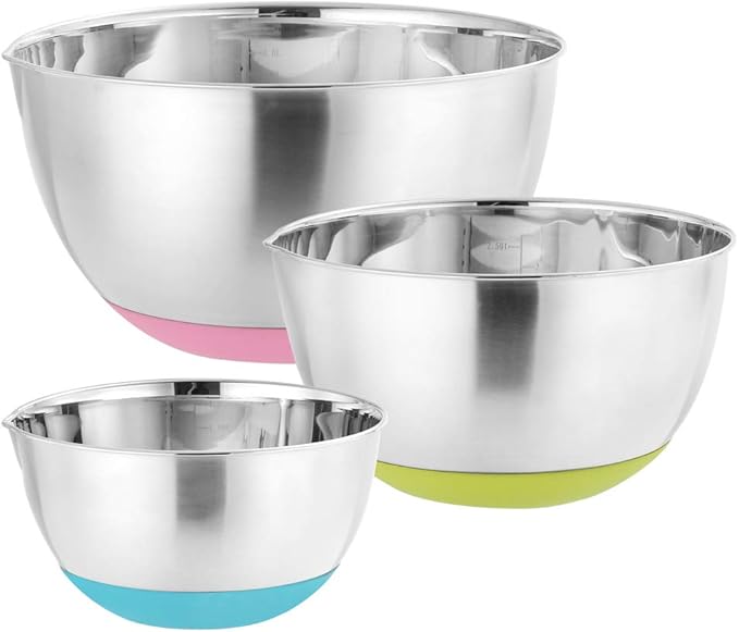3 Piece Stainless Steel Mixing Bowl with Pouring Spout, Non Slip