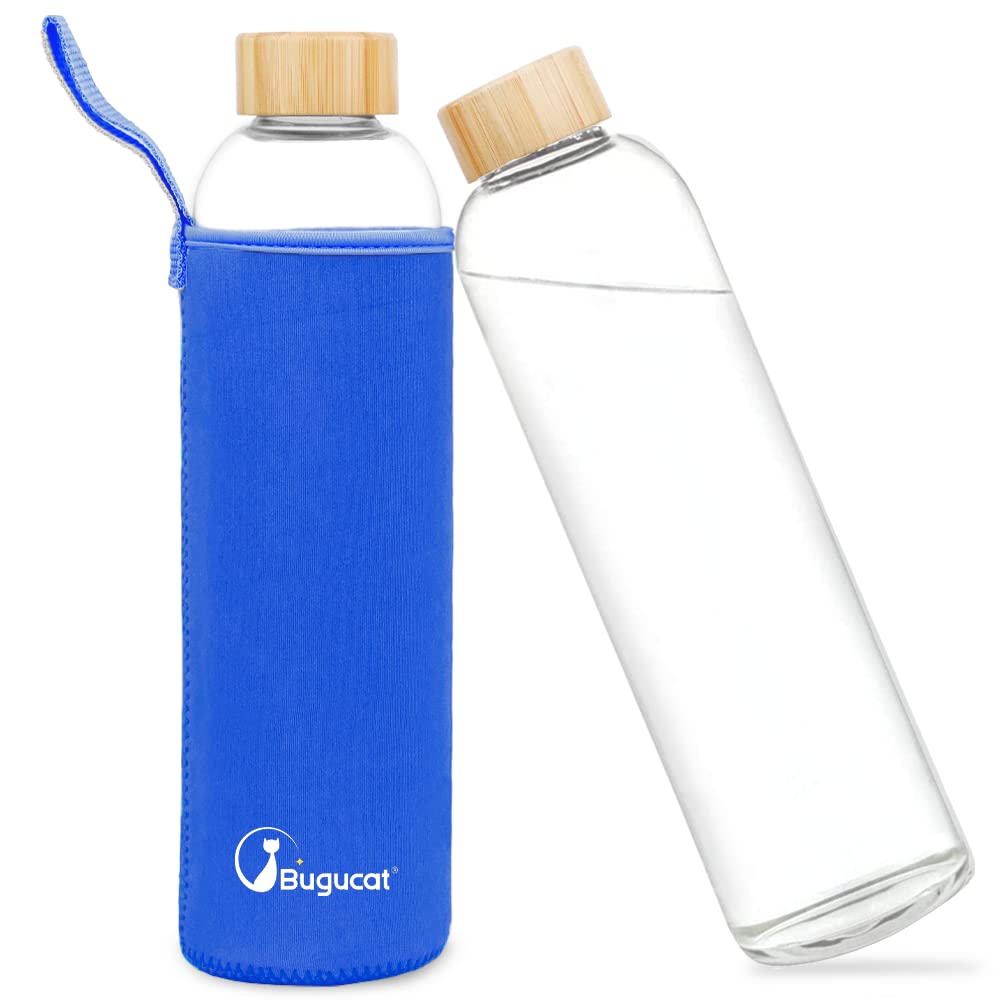 Bugucat Borosilicate Glass Water Bottle 1000ML, Reusable Lid Drinking Bottle with Protective Sleeves,Juice Beverage Container BPA-Free Leak Proof for School Sport Yoga Gym Hot Cold Drinks — image 1