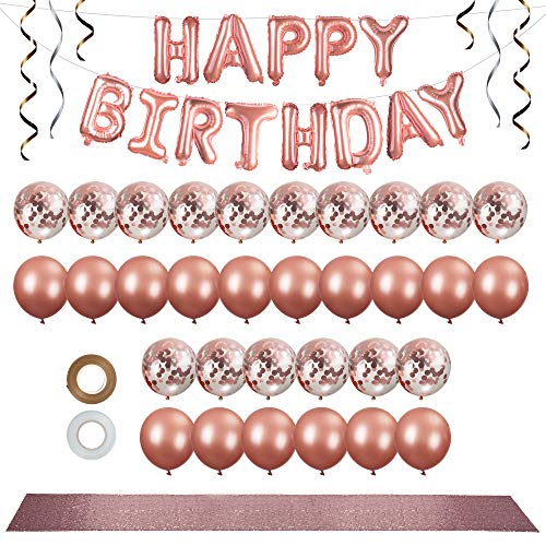 Rose Gold Party Decorations Set (36 Pcs) - 12 in Rose Gold Balloons (confetti & solid latex) - Rose Gold Happy Birthday Balloon Banner with Premium Rose Gold Table Runner & Hanging Ribbon