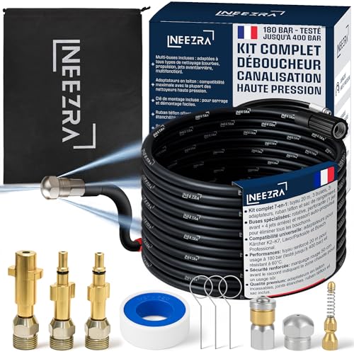 NEEZRA 7-in-1 High Pressure Drain Unblocker Kit 20 m - Karcher Ferret with 3 Spinning, Perforating & Spring Nozzles, 3 Karcher/Lavor/Bosch Brass Adapters, Teflon Tape, 60°C