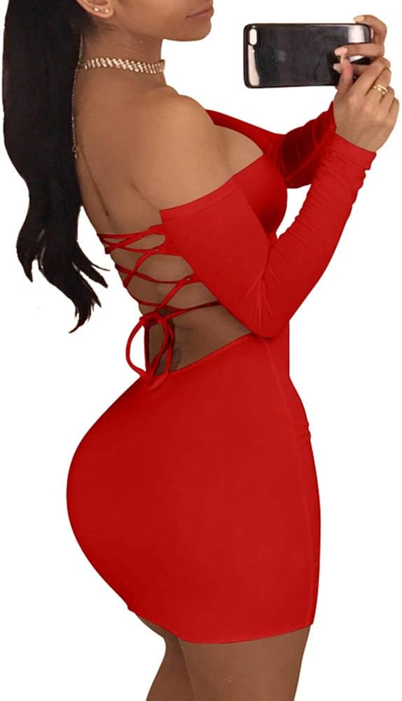 TOB Women's Sexy Off Shoulder Backless Lace Up Club Bodycon Mini Dress: Clothing