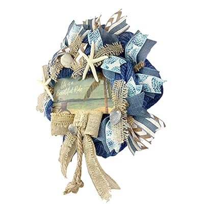 Beautiful Blue Burlap Artisan “Life is a Beautiful Ride” Beach, Coastal, Tropical Wreath with Nautical Rope, Starfish… 5121 43jNyS