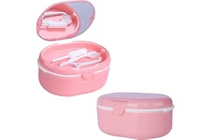 POZLLE Denture Case Set Portable Retainer Case Perfect for Travel, Denture Bath Box Container Cleaning Care for Dentures Aligner Mouth Guard with Strainer, Removal Tool and Mirror (Pink)