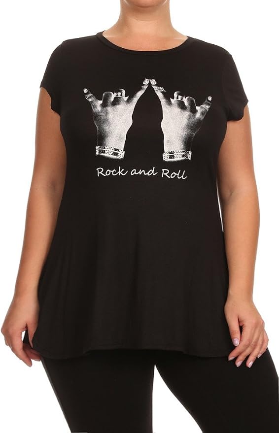 plussizefix Women's Plus Size Studded Rock and Roll Tee 3X Black at