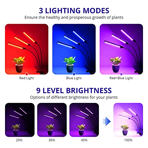 Grow Light for Indoor Plants - Adjustable Gooseneck Growing Light Strip W/9 Dimmable Red Blue Spectrum 3 Modes Auto ON/Off 3/9/12H Timer for Flower Greenhouse Veg Hydroponic Succulent Potted Growth
