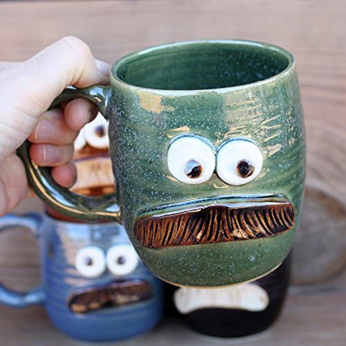 Mans Mustache Mug. Handmade Stoneware Pottery Ceramic Coffee Cup in Green Blue Black or Red.
