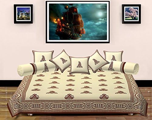 Metro Living Printed 120 TC Cotton Paisley Print Diwan Set Including 1 Flat Sheet 5 Cushion Covers &amp; 2 Bolster Cover ( Set Of 8)