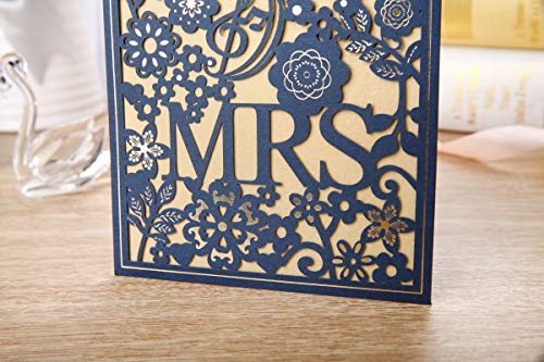 Gold Fortune 50PCS Blue Laser Cut Wedding Invitation Cards Kit with Hollow Flora Favors