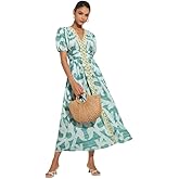 ADOR Womens Boho Maxi Dress Puff Short Sleeve V Neck Smocked Empire Waist Casual Floral Summer Beach Dresses with Pockets