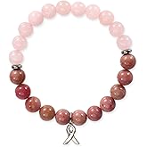 Mikovivi Breast Awareness Bracelet, Ribbon Charm Beaded Bracelets Natural Stone Crystal Self Care Inspirational Bracelets Encouragement Gifts for Woman Stress Anxiety Relieving Accessories