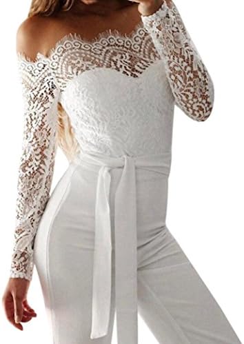 WELCOMEUNI Women Elegant Casual Summer Solid Playsuit Party Jumpsuit Romper Tight Long Trousers Club Wear Lace Sleeve