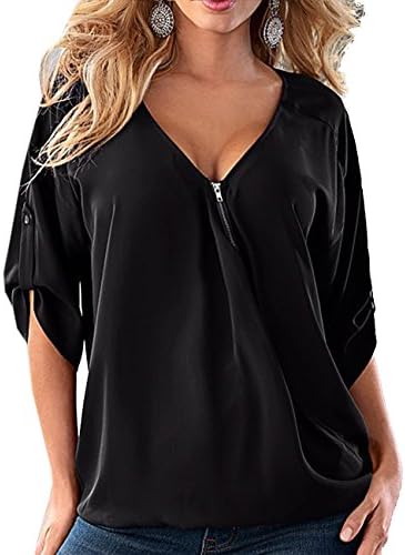 US Size Women's Plus V Neck Summer Loose Fitting Cuffed Sleeve Casual Blouse Slant Zip Tops Shirt