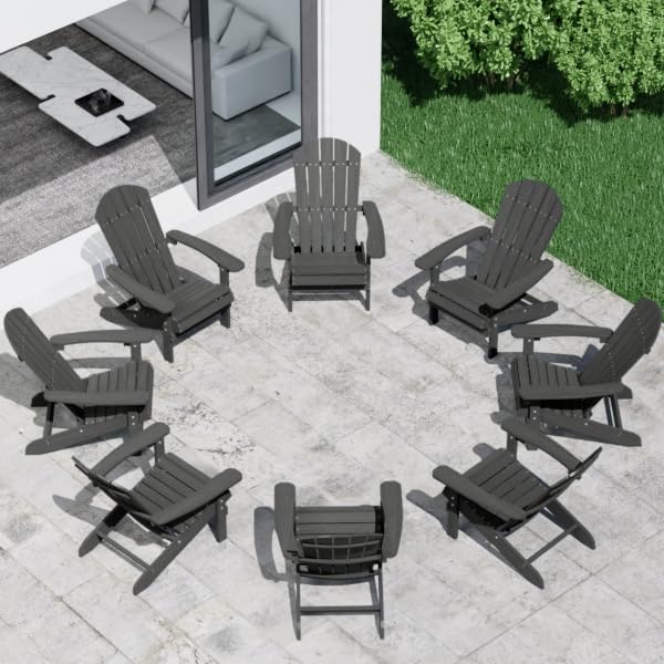 YEFU Adirondack Chairs Set of 8: Outdoor Chair HIPS Plastic Adirondack Chairs - Patio Chairs with Wood Texture - Lawn Fire Pit Deck Porch Garden Chairs for Adults (Black) Image