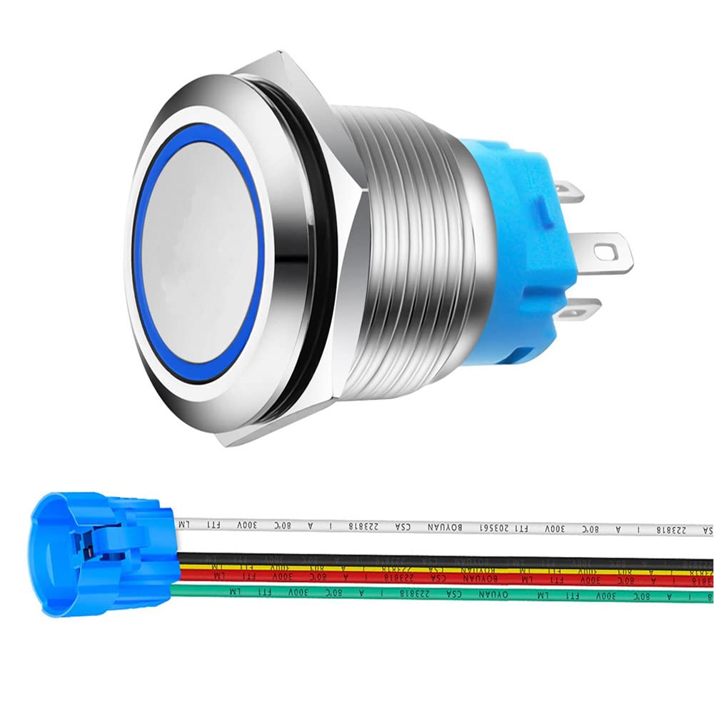 Gebildet 0.87 Inch/22mm Stainless Steel Momentary Push Button 12V-24V 5A LED 1NO1NC SPDT ON Off Waterproof with Wire Socket Plug (Blue LED)