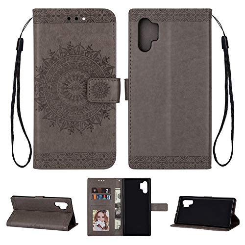 DAMONDY for Galaxy Note 10 Plus Case,Embossed Totem Flowers Stand Wallet Purse Card ID Holders Design Flip Cover TPU Soft Bumper PU Leather Magnetic for Samsung Galaxy Note 10 Plus-Gray