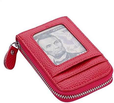 RFID Blocking Genuine Leather Mini Credit Card Holder Wallet With Window (Red)