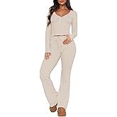 FWBBG Womens 2 Piece Lounge Sets Long Sleeve Crop Tops V Neck Flare Pants Set Fall Y2k Casual Outfits