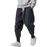 LifeHe Men Linen Drop Crotch Wide Leg Baggy Harem Pants