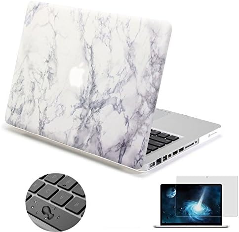 Macbook Pro 13 Case, Topinno Hard Shell Print Frosted Case &amp; Keyboard Cover and Screen Protector Film for Macbook Pro 13 With CD Rom (Model: A1278) - White Marble Rubber Coated Cover