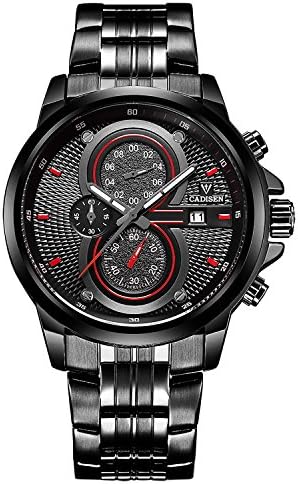 Men's Black Dial Quartz Watch Multifunction Wrist Watch with Black Stainless Steel Band by Cadisen