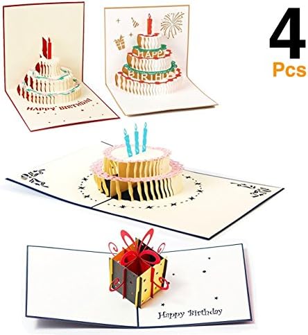O'Hill 4 Pcs 3D Pop Up Birthday Cards Laser Cut Happy Birthday Greeting Cards