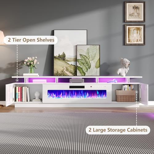 Jocisland Fireplace TV Stand with 50" Fireplace, 90" Modern High Gloss Fireplace Entertainment Center LED Lights, 2 Tier TV Console Cabinet for TVs Up to 100", All White