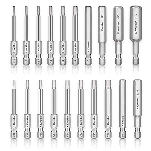 K Kwokker 20 x 1/4 Inch Hex Head Allen Wrench Drill Bit Set Standard & Metric Screwdriver Socket Bits with Magnetic Tips for Ikea Type Furniture(65mm S2 Steel 5/64 inch to 5/16 inch, 1.5mm to 12mm)