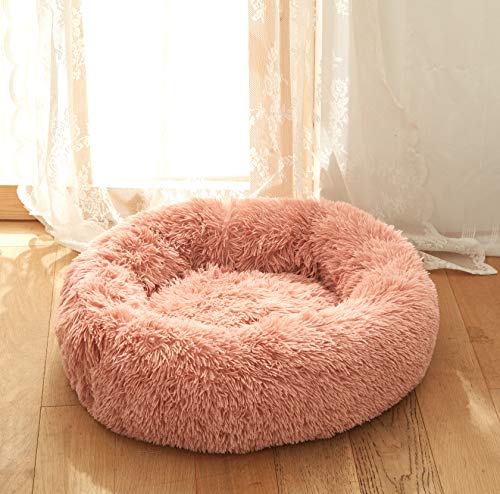 Uozzi Bedding Plush Faux Fur Round Pet Dog Bed, Comfortable Fuzzy Donut Cuddler Cushion for Dogs & Cats, Soft Shaggy and Warm for Winter (Pink, 23.6Ã¢â‚¬)
