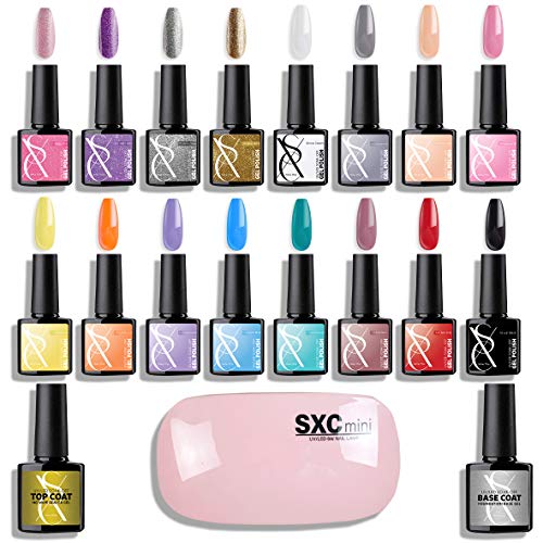 SXC G-03 Gel Nail Polish Set - 16 Color Gel Nail Color kit with No Wipe Base and Top Coat and 6W UV/LED Lamp Light 18 PCS Soak Off Gel Nail Varnish Starter Manicure Kit