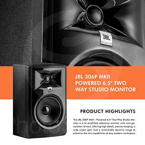 JBL Professional 306P MkII 6" 2-Way Powered Studio Monitor, Pair and Assorted Cable Bundle
