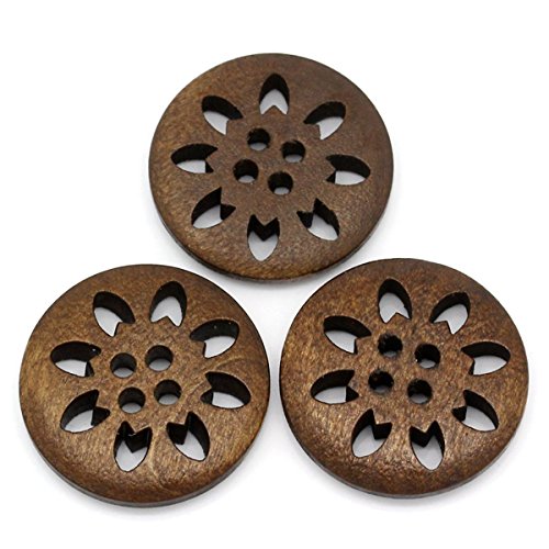 HOUSWEETY 50PCs Wood Buttons Sewing Snowflake Carved 4 Holes Brown 25mm Dia.(1") - Thumbnail 2